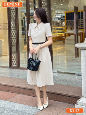 Đầm thiết kế BEMINE cổ đức phối dây nơ eo dáng chữ A phù hợp làm-B147 hình ảnh