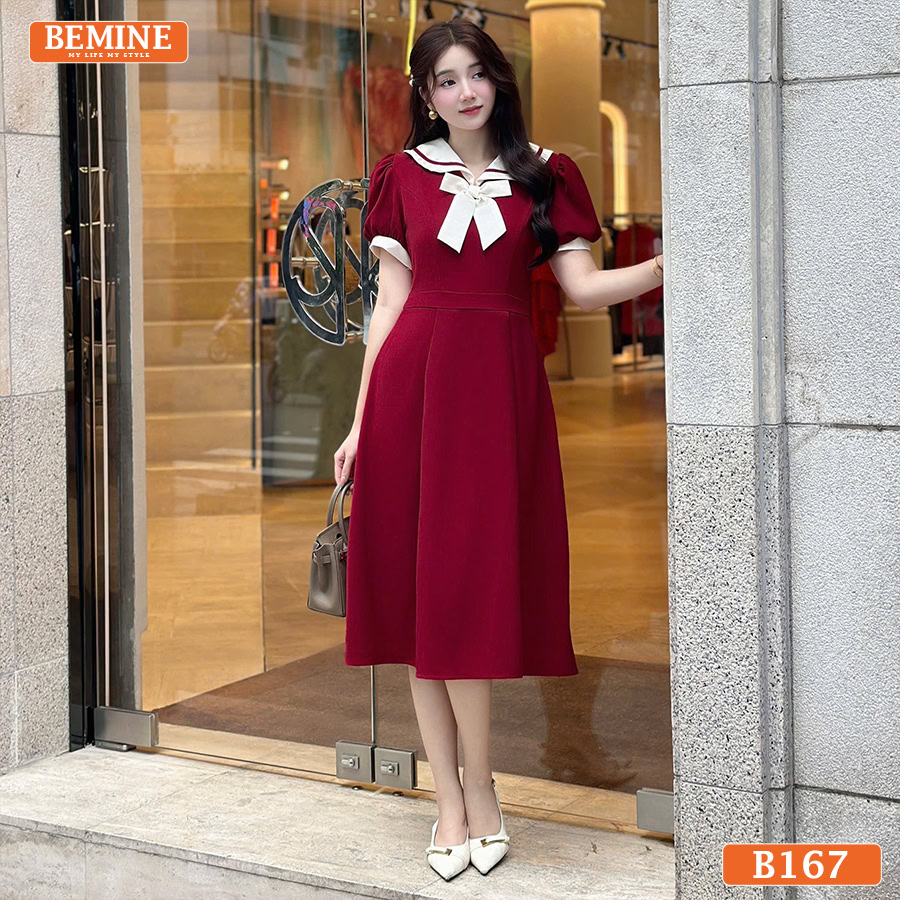 Đầm chữ A BEMINE B167 cổ thủy thủ phối nơ, chất liệu cotton, tạo cảm giác thoải mái khi đi chơi