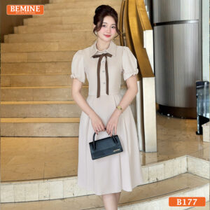 Ảnh chụp toàn thân đầm BEMINE B177 dáng chữ A, cổ sơ mi nơ, thể hiện sự thanh lịch.