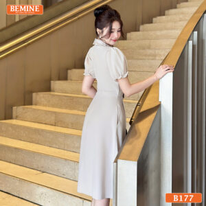 Đầm chữ A BEMINE B177 cổ sơ mi nơ, chất liệu mềm mại, là lựa chọn lý tưởng cho môi trường văn phòng.