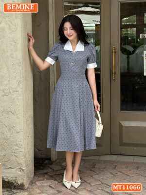 Đầm thiết kế BEMINE cổ V nơ chấm bi MT11066