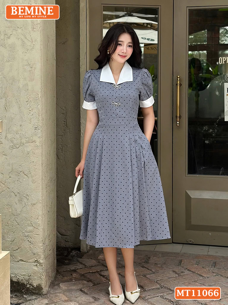 Gợi Ý Những Mẫu Đầm Sơ Mi Đẹp Nhất Được Chị Em Yêu Thích Năm 2025 Đầm thiết kế BEMINE cổ V nơ chấm bi MT11066