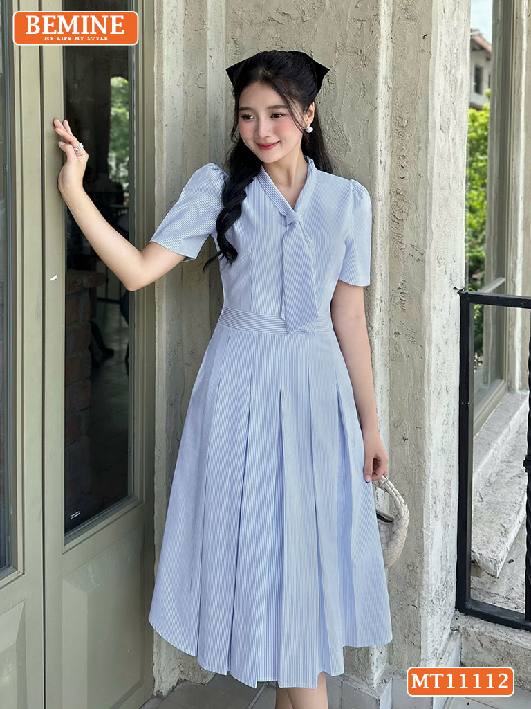 Đầm thiết kế BEMINE cổ cavat tùng xếp ly MT11112