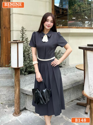 Đầm thiết kế BEMINE cổ đức kèm nơ tùng váy xếp ly B148