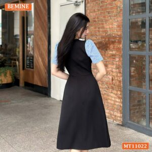 Đầm thiết kế BEMINE cổ phối sọc dáng chữ A MT11022