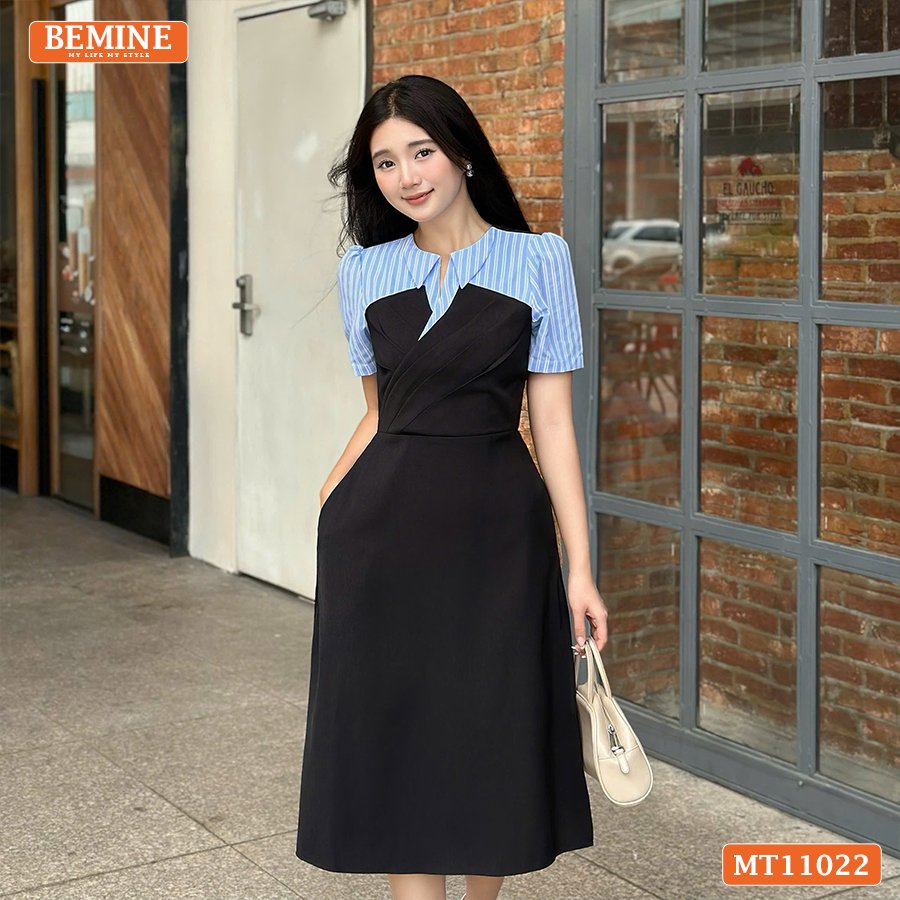Đầm thiết kế BEMINE cổ phối sọc dáng chữ A MT11022