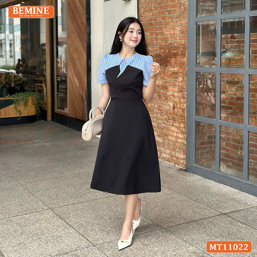 Đầm thiết kế BEMINE cổ phối sọc dáng chữ A MT11022