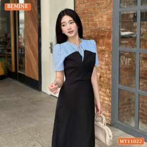 Đầm thiết kế BEMINE cổ phối sọc dáng chữ A MT11022