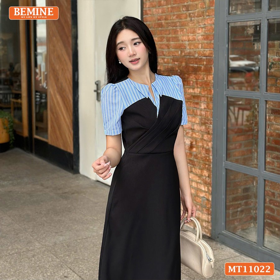 Đầm thiết kế BEMINE cổ phối sọc dáng chữ A MT11022
