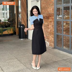 Đầm thiết kế BEMINE cổ phối sọc dáng chữ A MT11022
