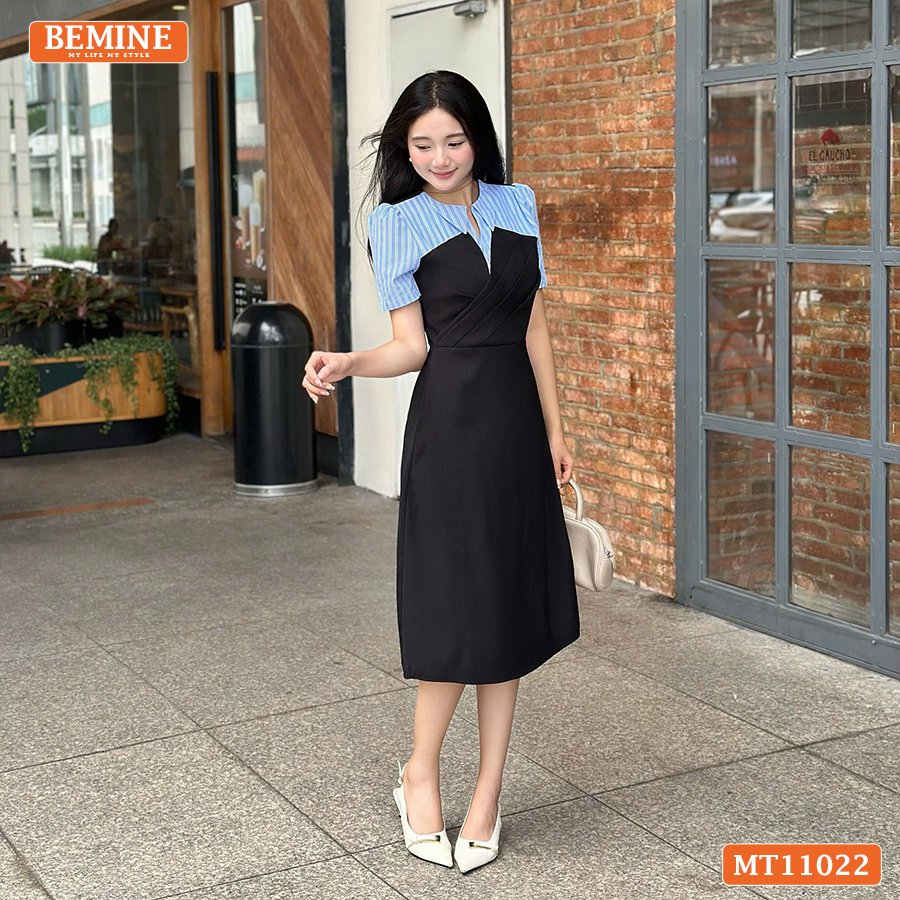 Đầm thiết kế BEMINE cổ phối sọc dáng chữ A MT11022