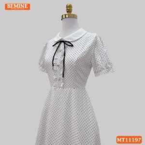 Đầm thiết kế BEMINE cổ sen họa tiết chấm bi MT11197