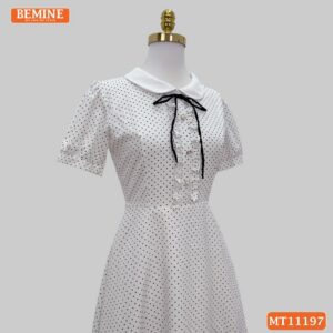 Đầm thiết kế BEMINE cổ sen họa tiết chấm bi MT11197