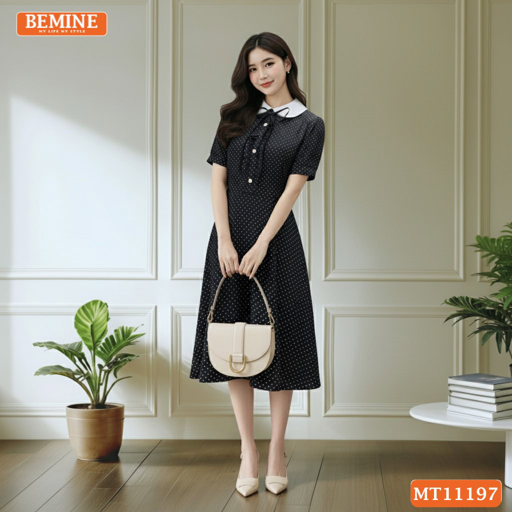 Đầm thiết kế BEMINE cổ sen họa tiết chấm bi MT11197