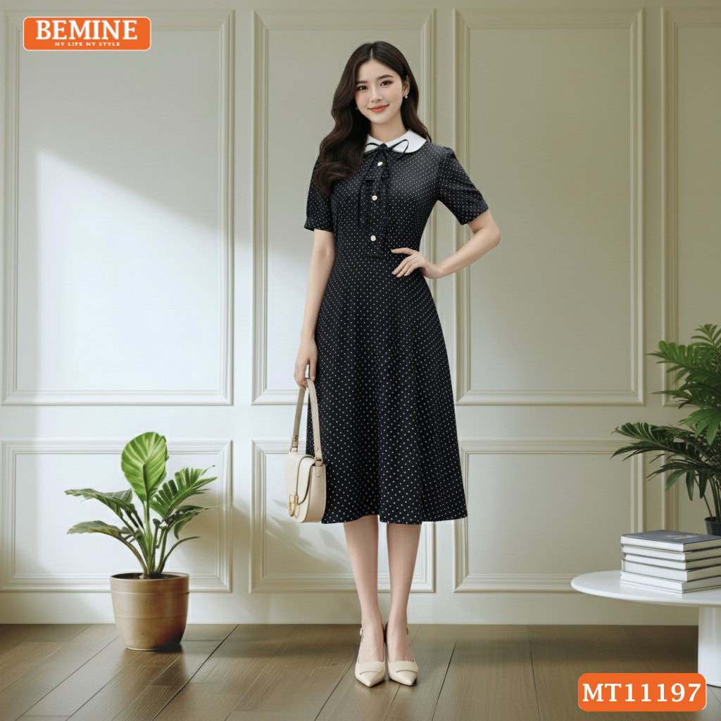 Đầm thiết kế BEMINE cổ sen họa tiết chấm bi MT11197