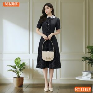 Đầm thiết kế BEMINE cổ sen họa tiết chấm bi MT11197
