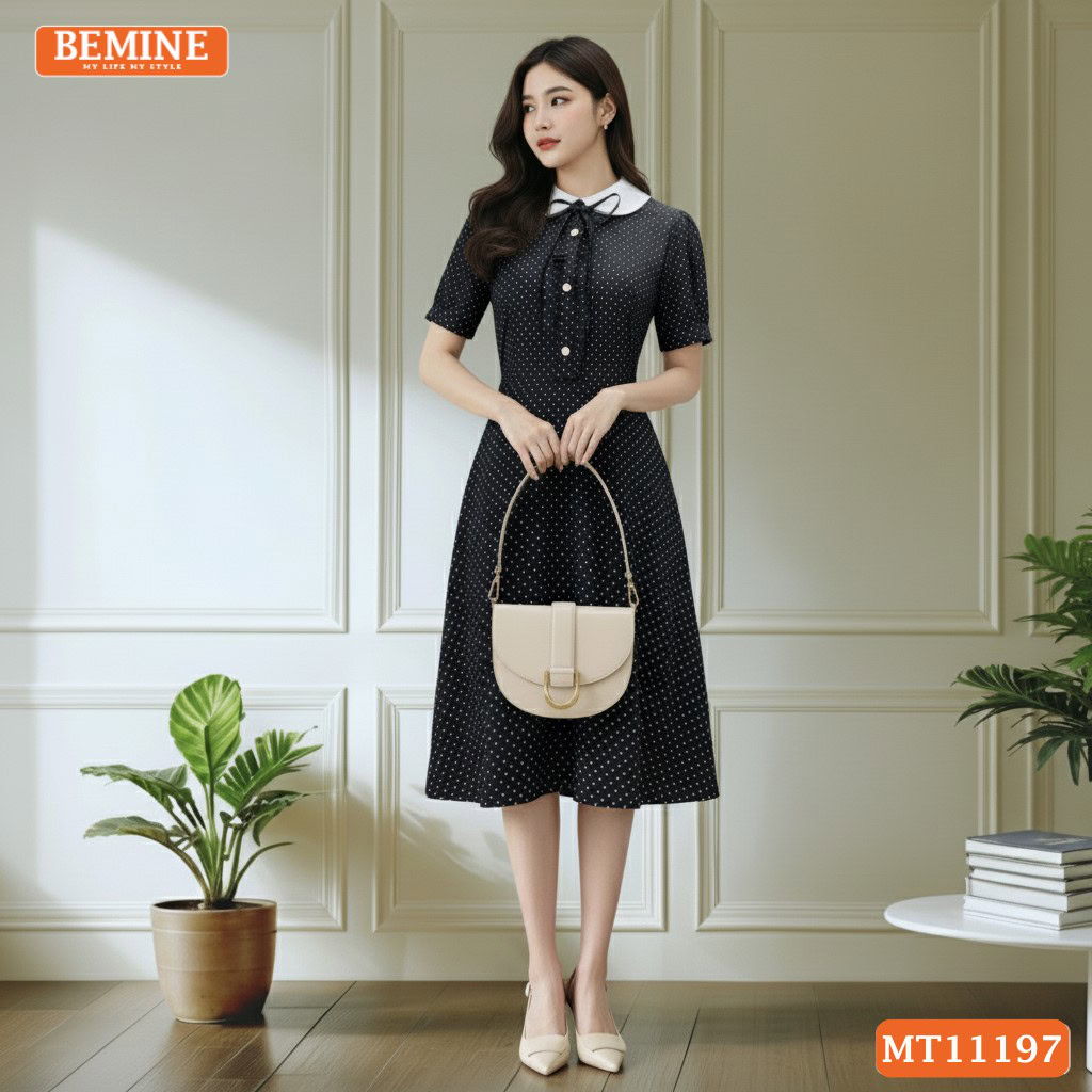 Đầm thiết kế BEMINE cổ sen họa tiết chấm bi MT11197