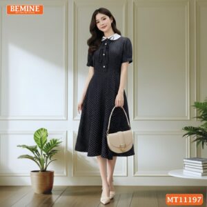 Đầm thiết kế BEMINE cổ sen họa tiết chấm bi MT11197
