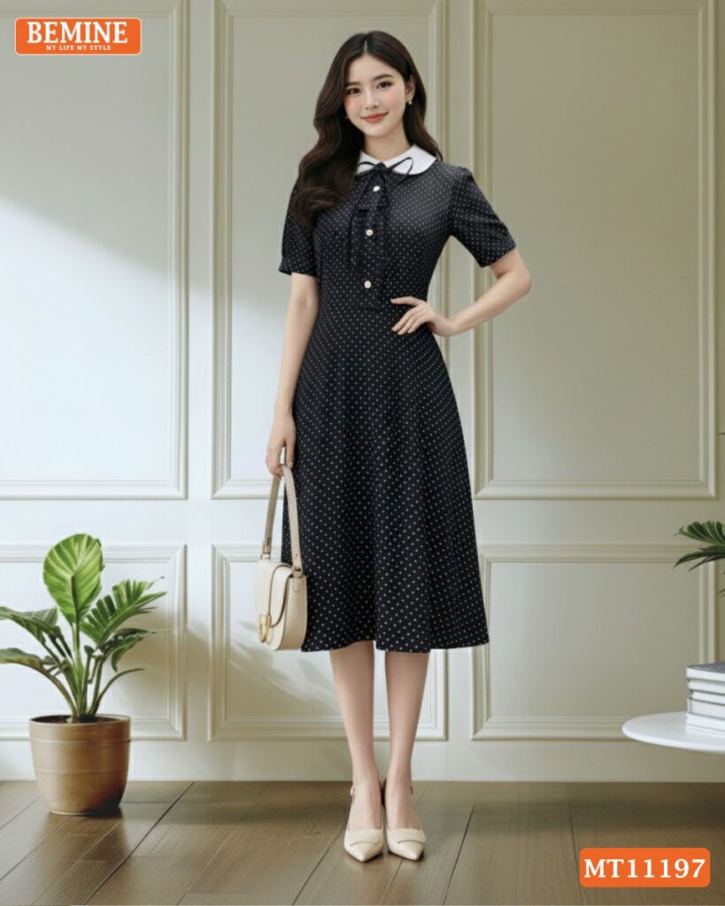 Đầm thiết kế BEMINE cổ sen họa tiết chấm bi MT11197