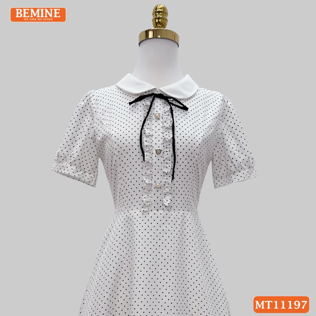 Đầm thiết kế BEMINE cổ sen họa tiết chấm bi MT11197