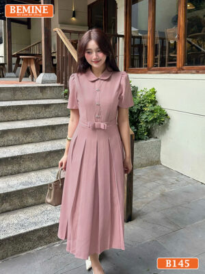 Đầm Thiết Kế BEMINE Cổ Sen Tùng Váy Xếp Ly B145