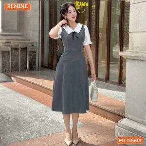 Đầm thiết kế BEMINE cổ sơ mi đính nơ MT10604