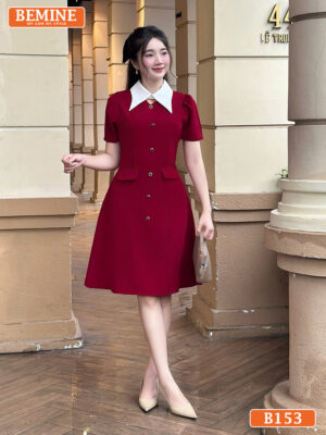 Đầm thiết kế BEMINE cổ sơ mi khoét v dáng chữ A B153