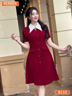 Đầm thiết kế BEMINE cổ sơ mi khoét v dáng chữ A B153