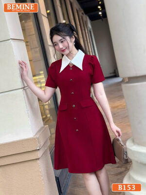 Đầm thiết kế BEMINE cổ sơ mi khoét v dáng chữ A B153
