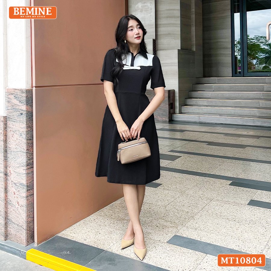 Đầm thiết kế BEMINE cổ sơ mi ngực phối nơ MT10804