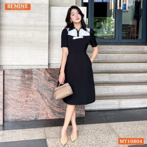 Đầm thiết kế BEMINE cổ sơ mi ngực phối nơ MT10804