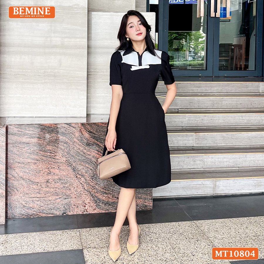 Đầm thiết kế BEMINE cổ sơ mi ngực phối nơ MT10804