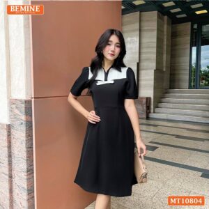 Đầm thiết kế BEMINE cổ sơ mi ngực phối nơ MT10804