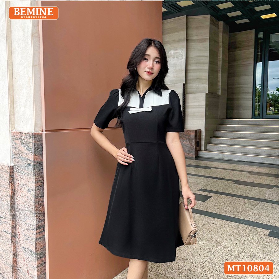 Đầm thiết kế BEMINE cổ sơ mi ngực phối nơ MT10804