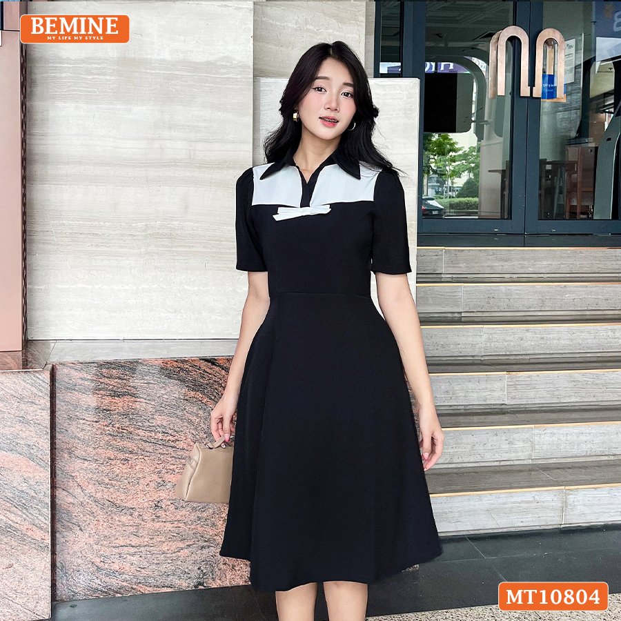 Đầm thiết kế BEMINE cổ sơ mi ngực phối nơ MT10804