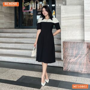 Đầm thiết kế BEMINE cổ sơ mi phối ren hoa MT10802