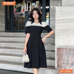 Đầm thiết kế BEMINE cổ sơ mi phối ren hoa MT10802