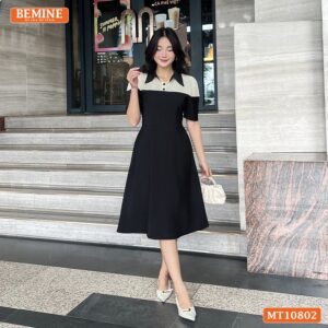 Đầm thiết kế BEMINE cổ sơ mi phối ren hoa MT10802