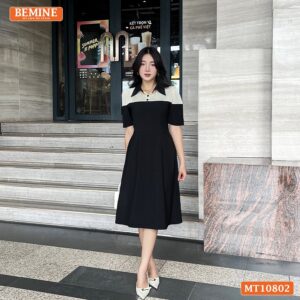 Đầm thiết kế BEMINE cổ sơ mi phối ren hoa MT10802