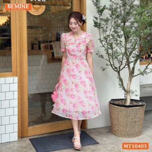 Đầm thiết kế BEMINE cổ tim xếp ly voan hoa MT10405