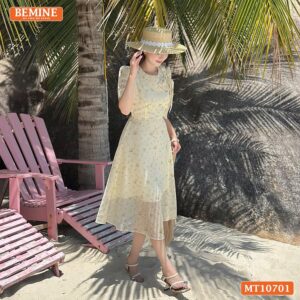 Đầm thiết kế BEMINE cổ tròn đính nơ voan MT10701