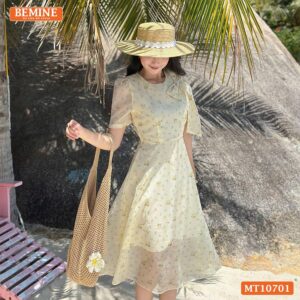 Đầm thiết kế BEMINE cổ tròn đính nơ voan MT10701