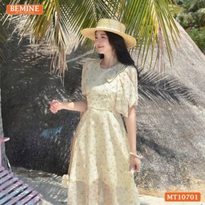 Đầm thiết kế BEMINE cổ tròn đính nơ voan MT10701