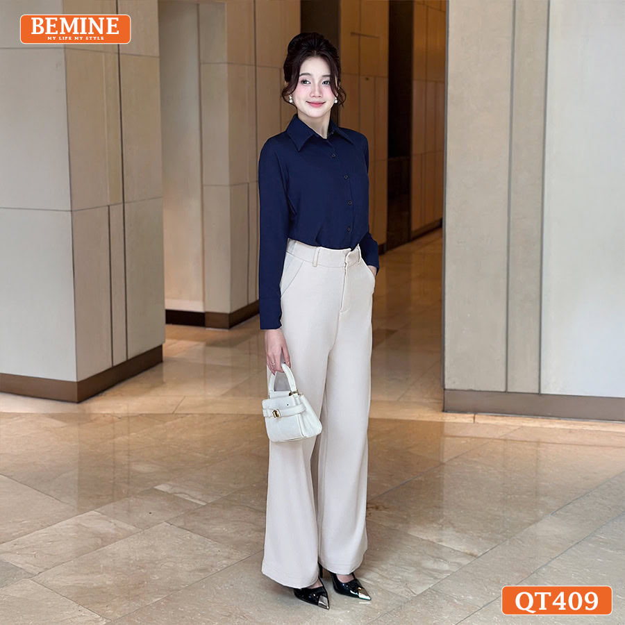 Ảnh cận cảnh chất liệu vải cao cấp và đường may tinh tế của quần tây BEMINE QT409 màu be.