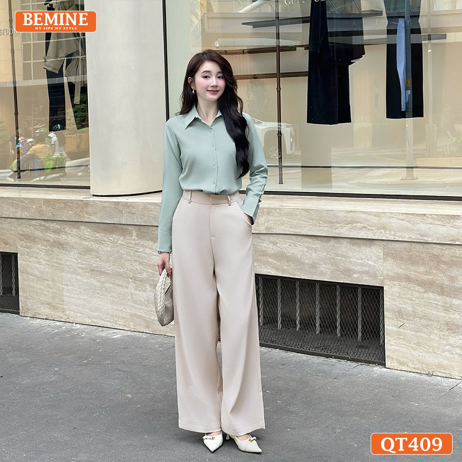 Quần tây nữ BEMINE QT409 dáng suông dài, màu be thanh lịch cho quý cô công sở.