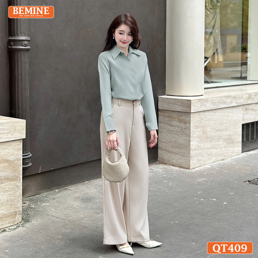 Người mẫu phối quần tây nữ BEMINE QT409 màu be cùng sơ mi, phong cách công sở hiện đại.