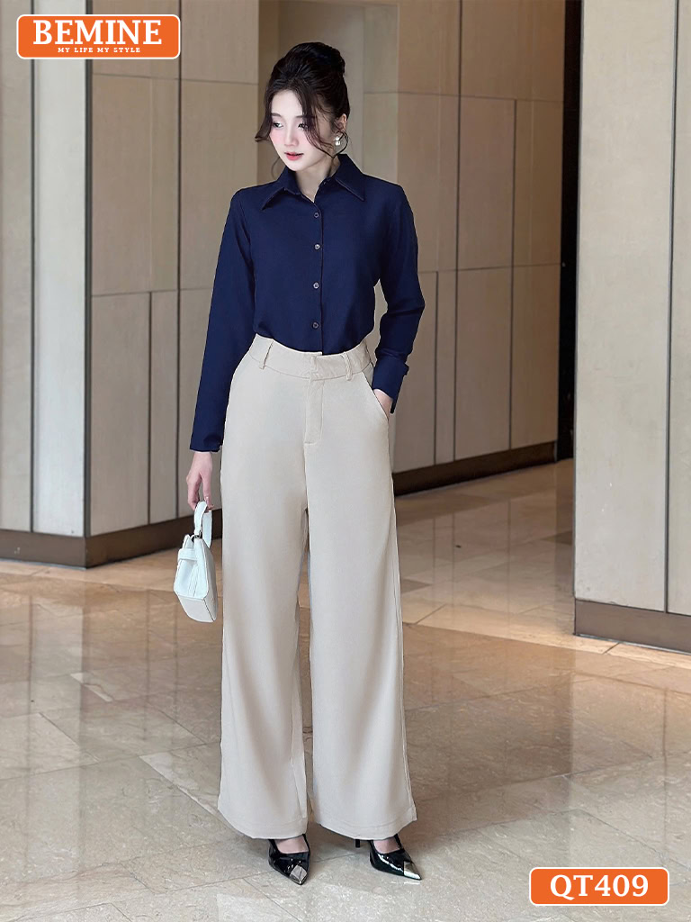 Chi tiết cạp quần và khóa kéo chắc chắn của mẫu quần tây nữ BEMINE QT409 màu be.