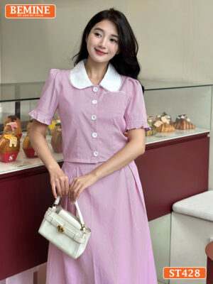 Set BEMINE áo sơ mi đính cúc chân váy ST428