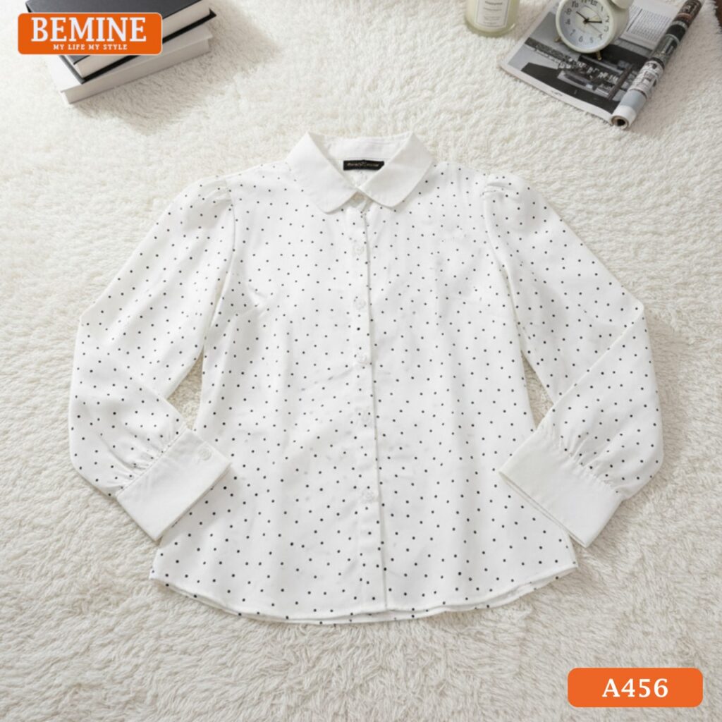 Áo sơ mi nữ dáng suông chấm bi A456 BEMINE trắng xanh thanh lịch công sở
