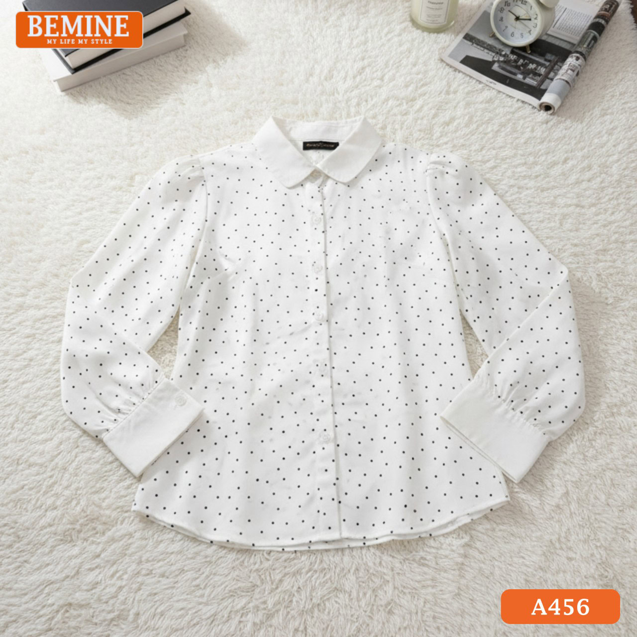 Áo sơ mi nữ dáng suông chấm bi A456 BEMINE trắng xanh thanh lịch công sở